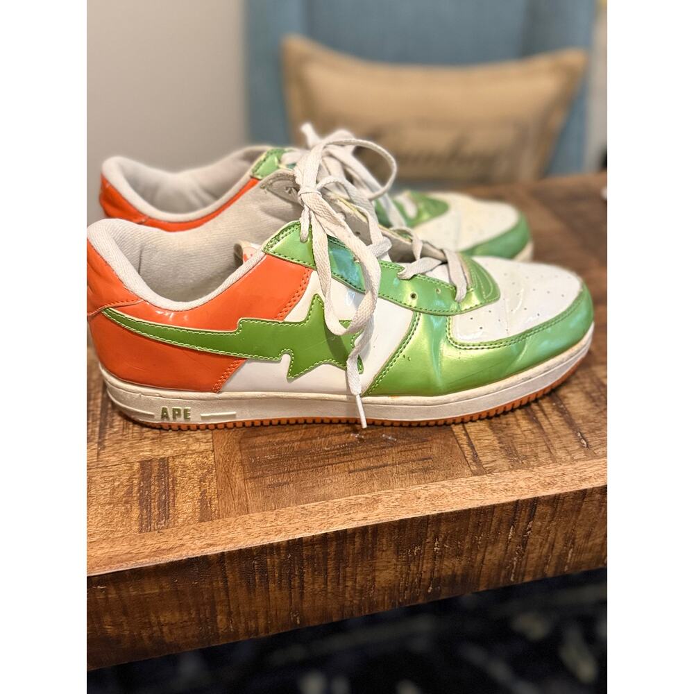 Vintage Y2K BAPE STA Patent Leather Sneakers Green Orange White Men’s Size 13